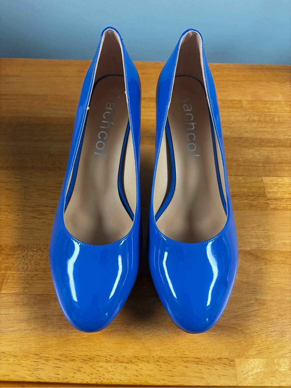 Aachcol Blue Patent Leather Pump Heels Round Toe Slip On Stiletto US 9 EU 40